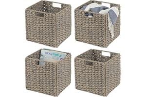 mDesign 4er-Set Aufbewahrungskorb – faltbare Aufbewahrungsbox aus Seegras – Regalkorb mit Flechtmuster – ideal zur Aufbewahrung in Würfelregalen – grau