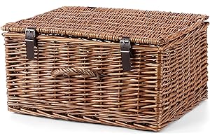 WICKERFIELD Natural Dyed Wicker Hampers with Lid Perfect for Gift Hampers Shelf Basket Wardrobe Organizor Underbed Storage Retail Display Basket (Brown, Medium)