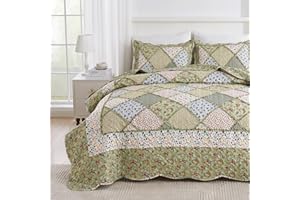 DECMAY Colcha Patchwork Verde 220x240 cm para Cama de 150 - Colcha con Diseño de Flores, Manta Multiusos para Sofá, Incluye 2 Fundas de Almohada 50x75 cm