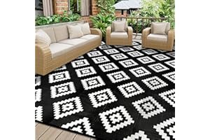 ‎HOMCOMODAR Homcomodar Outdoor Teppiche Wasserdicht 180x270cm Schwarz Groß Patio Teppich Kunststoff Stroh Teppich UV-beständige Camping Matte Reversible Matte für Picknick Balkon Beach Deck