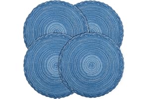 fanquare Blue Round Christmas Placemats Set of 4, 38 cm Cotton Braide Heat Resistant Modern Place Mats, Non Slip Washable Handmade Table Mat for Family Kitchen Dinner Table