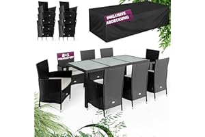 Casaria® Gartenmöbel Set 8 Personen Stühle inkl. 7cm Polster & Abdeckung Tisch 190x90cm 160kg Belastbar Wetterfest Polyrattan Stapelbar Terrasse Möbel Schwarz