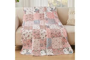 Qucover Single Bedspread, American Style Pink Patchwork Bedspread in Flower Pattern, Lightweight and Breathable Polyester Patchwork Quilt Coverlet Quilted Throw 150x200cm