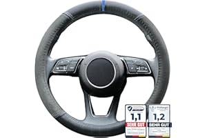 S- TETIC S-TETIC® Premium Lenkradbezug aus Alcantara + Nappaleder | Blaue 12-Uhr Markierung | Universalgröße 36-38 cm | Lenkradcover | Sommer und Winter