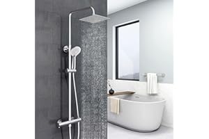 Biubiubath colonne de douche thermostatique avec mitigeur thermostatique, douchette à main trois fonctions, colonne de douche réglable en hauteur 735-1170 mm (carré 1)