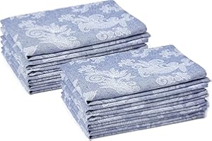 Encasa XO Dining Table Napkins Set of 12 I Size 45x45 cm I Floral Blue Jacquard Style Print on Homespun Cotton I Fast Colours, Machine Washable