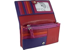 HIDE AND SLEEK Womens Leather Flapover Matinee Organiser Purse RFID Protection 10 Cards, Notes and Coins (Purple Multi)