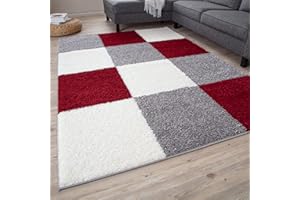 THE RUGS Area Rug – Modern Luxury Shaggy Rug, Multicolour Pattern Carpet, Ultra Soft for Bedroom, Living Room, Kids Room, (120x170 cm, Red)