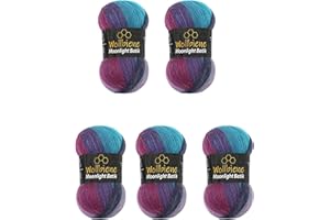 Wollbiene Moonlight Batik, 5 gomitoli di lana da 100 g, 500 g, per lavorare a maglia e all'uncinetto, 20% lana turca, colore sfumato (5960 bacca lilla turchese)