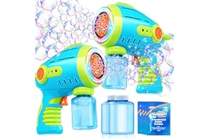 Sloosh Pistola de burbujas de 10 agujeros para niños, ametralladora de burbujas para niños de 1 a 3 años, soplador de dirigible con luz automática con 2 botellas, 4 bolsas, solución de recarga,