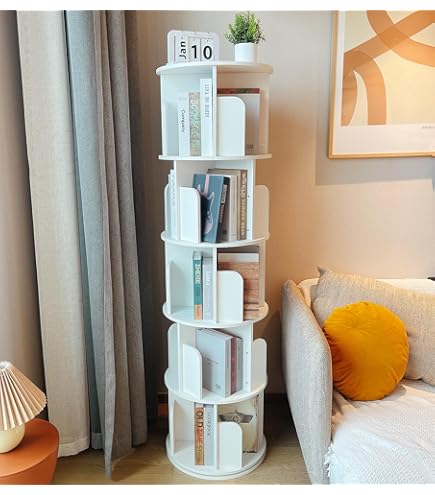 Nisorpa Roterende boekenkast met 4 wielen, 5-traps boekenkast, wit hout