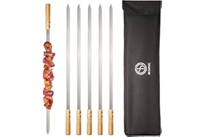 JD Europe Lot de 6 brochettes à kebab turc Adana avec poignées en bois Acier inoxydable Longueur 57,5 cm Largeur 2 cm Épaisseur 2 mm