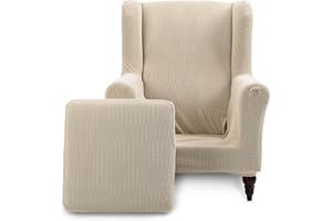 TIANSHU Funda Sillón Orejero Elástica Funda Butaca Orejera Tejido Jacquard de Licra Funda de Sillón Lavables Adecuado para Sala de Estar Dormitorio Hotel(Tipo A, Beige)