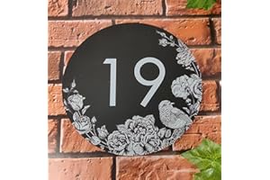 RJWprint Plaque de maison personnalisée exterieur en acrylique gris ardoise personnalisable avec nom de rue, numéro d'adresse, numéro de rue Conception de fleurs de rouge-gorge noir Grand