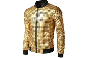 JOGAL Herren Metallic Pailletten Baseball Bomberjacke 70er Disco Party Kostüm