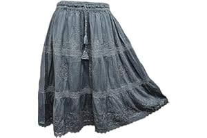 Doorwaytofashion Womens Knee Length Cotton Skirt Tiered Embroidered Adjustable Waist Lined One Size 8 10 12 14 16