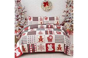 ‎WONGS BEDDING WONGS BEDDING Tagesdecke 240x260 Weihnachts Bettüberwurf Rotes Patchwork Doppelseite Wohndecke Schneeflocke Weihnachten Überdecke für Schlafzimmer Stepp Decke mit 2 Kissenbezüge 50x75cm