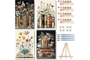 PUJEKNM 4 Pack Paint by Numbers for Adults with Framed Canvas & Wooden Easel, Book Painting by Number Kit Beginners on Canvas, Flowers Acrylic Oil Painting with Brushes for Home Wall Decor (8x12 inch)