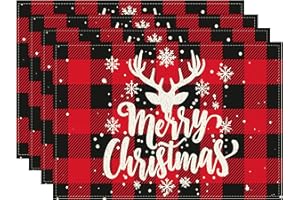 BGFUO Buffalo Plaid Snowflakes Christmas Placemats Set of 4, 12x18 Inch Winter Placemats for Party Kitchen Dining Decoration Vintage Thanksgiving Washable Table Mats (Red White Checkered)