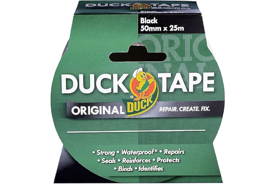 Duck Tape Original Black, 50mm x 25m. The original high strength waterproof gaffer and duct adhesive cloth repair tape