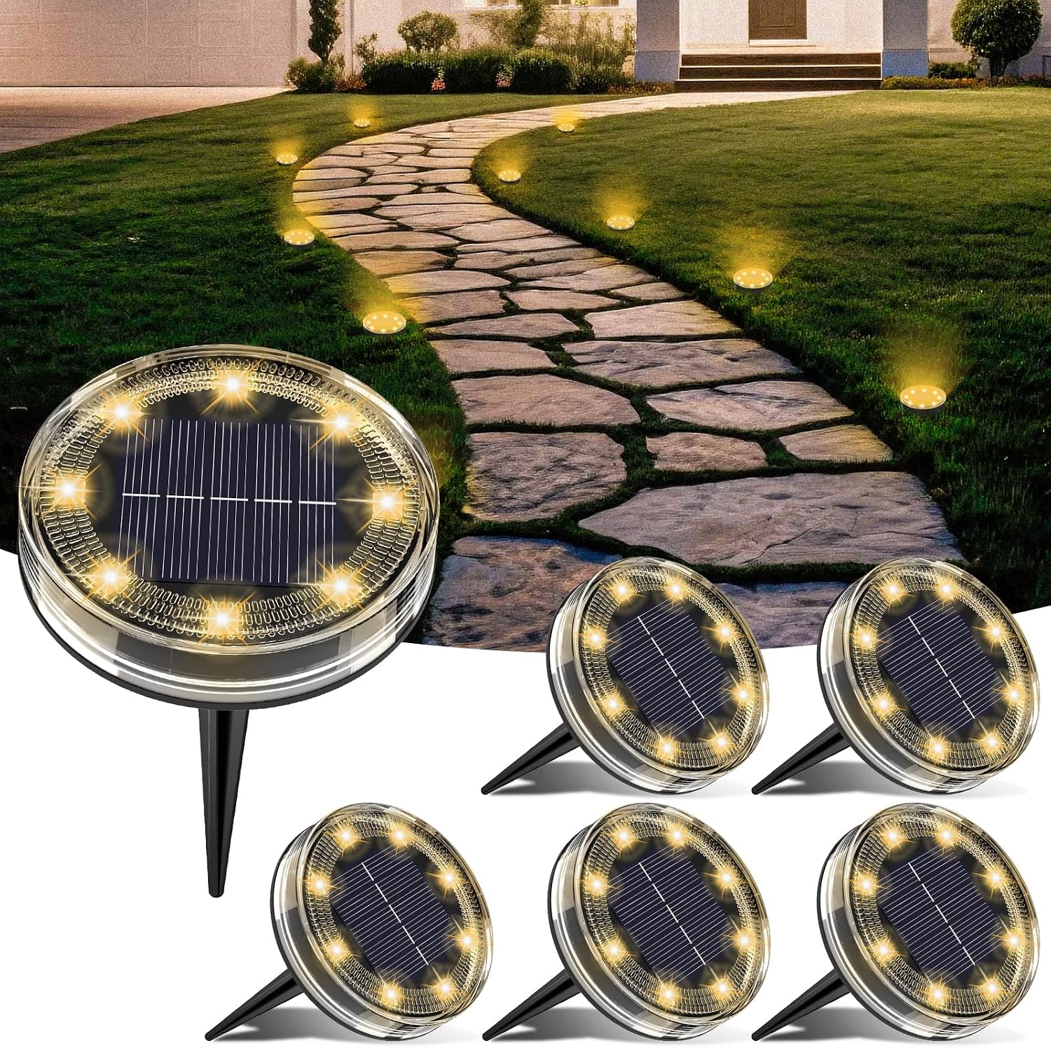 LOTMOS 6 Paquetes Luces Solares LED Exterior Jardin Suelo, 8 LED Impermeable Luz Solar Exterior Jardín, Lamparas Solares Suelo Camino, Terraza, Patio, Césped, Blanco Cálido