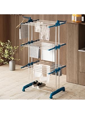 amazon basics Mild Steel Double Supported 3 Layer Cloth Drying Rack | Foldable and Movable | Silver & Teal | Iron, Plastic |