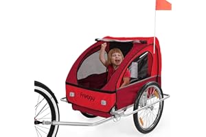 FROGGY Kinder Fahrradanhänger mit Federung + 5-Punkt Sicherheitsgurt, Anhänger für 1 bis 2 Kinder, Design Cherry
