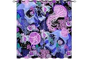 ‎YUANZU YUANZU Psychedelic Vorhänge Kinder Schädel Unterwasser Welt Quallen Korallen Shell Ösen Gardinen mit Blickdichte Vorhang Blackout Curtain Kinderzimmer Verdunkelung Fenster, 2 Stück, H 160 x B 132 cm