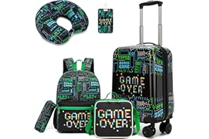 HTgroce 5-Piece Children's Suitcase Set, Children's Travel Suitcase with Backpack, Neck Pillow, Lunch Bag, Pencil Case & Suitcase Tag, Travel Trolley with Wheels for Children, Hard Case for Boys and