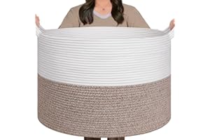 TIMEYARD XXXLarge Cotton Rope Basket Woven Baby Laundry Blanket Basket Toy Baskets with Handle Storage Comforter Cushions Thread Laundry Hamper, 55x35cm, White & Brown