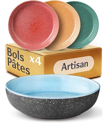 PintoCer - 2 Assiettes Creuses En Grès, 22 Cm, Bol à Soupe, Pâte, Salade Ou Céréales, Couleur : Bleu