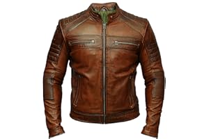 AKSAH FASHION Herren Biker Cafe Racer Retro Vintage Motorrad Wachs Braun Used-Lederjacke