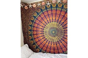 POPULAR HANDICRAFTS Popularny ręcznie wykonany gobelin ścienny, hipisowski, mandala, boho, psychodeliczny design, medytacja, narzuta na łóżko, 140 x 210 cm, biały, wielokolorowy