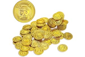 Aoriher 50 Monedas de Plástico Moneda de Pirata de Niños Moneda Falsa de Tesoro Pirata Moneda de Cofre de Búsqueda de Tesoro Pirata para Niños (1 x 1 x 0,07 Pulgadas, Oro)