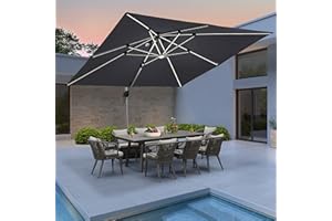 PURPLE LEAF 3 X 3 M Garden Cantilever Parasol with Led Solar Lights Bar, Large Square Overhanging Patio Umbrella with Crank Handle and Tilt for Balcony and Outdoor, Grey