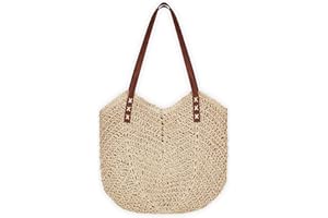 Woodland Leathers Women's Straw Shoulder Bag, Medium & Large Summer Beach Tote with Zipper, Durable Leather Handles, Women Holiday Shoulder Bag with Versatile Styles and Colours
