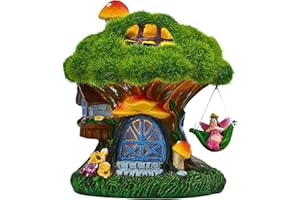 ‎TERESA'S COLLECTIONS TERESA'S COLLECTIONS Gartendeko für Draußen Feengarten Haus Solarleuchte Feenhaus Gartenfigur aus Kunstharz Wasserfest Fairy House Elfenhaus Herbst Dekoration Grün 13cm