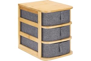 Navaris Szuflady do przechowywania makijażu - bambusowy organizer i szare tace z tkaniny - 3-poziomowa jednostka do łazienki, toaletki - dł. 23 cm x szer. 17,5 cm x wys. 22 cm