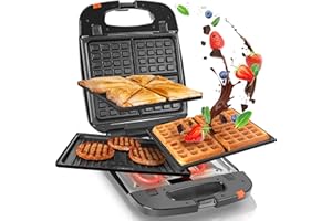 Duronic 3 in 1 Snack Maker SWM60 Electric Sandwich and Toastie Makers 1200W Waffle Iron Panini Press with Interchangeable Cooking Grill Plates for Desserts Waffles Sandwiches Family