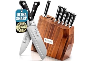 CUTLUXE 8-częściowy zestaw noży kuchennych - Kółko do noży kuchennych - Ostre Noże Full Tone - Niemiecka stal wysokowęglowa - Naturalny blok drewna akacjowego -seria rzemieślnicza