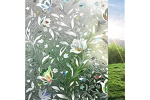 rabbitgoo 3D Window Film Privacy Film for Glass Windows, No Glue Self-adhesive Rainbow Glass Covering Frosted Opaque Decorative Stickers Heat Control Static Cling for Kitchen Room Tulip 44.5x200 cm