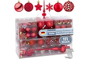 ‎COSIA cosia Weihnachtskugeln Rot Set 111 Stück - Weihnachtskugeln Kunststoff in vielen Farben & Größen inkl. S Haken Befestigung - 111 Christbaumkugeln Kunststoff - Weihnachtsbaum Kugeln