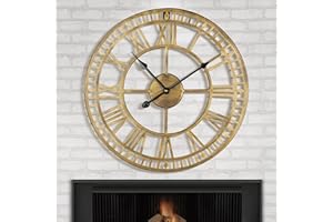HAITANG Large Metal Iron Retro Wall Clock Silent Non-Ticking Battery Operated Vintage Metal Roman Numerals Round Modern Clocks For Living Room Decor - Gold 40CM