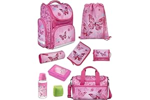 Familando Schulranzen 1. Klasse · ergonomischer Tornister · Schultasche für Jungen und Mädchen (9-teiliges Set mit Sporttasche, Butterfly Schmetterlinge Pink)