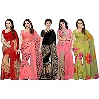 Ishin Combo of 5 Poly Georgette Multicolor Printed Women Saree