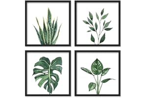 ArtbyHannah Framed Wall Art Decor with Botanical Prints 25x25cm Green Tropical Snake Plant Fern Artwork Poster 10x10 inch, Square Pictures Set of 4, Wall Decoration for Living Room Bathroom Bedroom