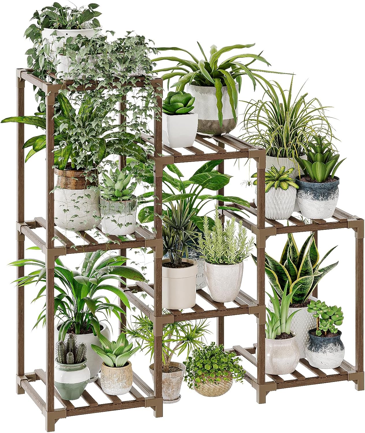 Bamworld Soportes para plantas de interior, estante escalonado de madera para plantas al aire libre para múltiples plantas,3 neumáticos,7 escalera, soporte para plantas,mesa para ventana,jardín,balcón