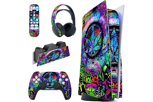 PlayVital Calcomanía Vinilo para ps5 Edición Disc - Pegatina Completa para Consola, Control, Estación de Recarga, Control Remoto y Audífonos, Skins Cubierta Protectora Adhesiva(Colores Hojas)