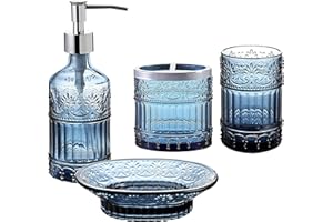 WHOLE HOUSEWARES | Bathroom Accessory Set | 4-Piece Bathroom Accessories Set | Soap Dispenser, Tray, Jar, Toothbrush Holder | Elegant Mosaic (Blue)