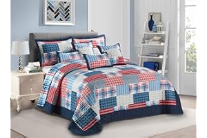 GENERIC Luxury Printed Quilted Bedspread Patchwork Floral Comforter Set 3 Piece Bed Throw With Pillow Shams (Denim Red, Double King)